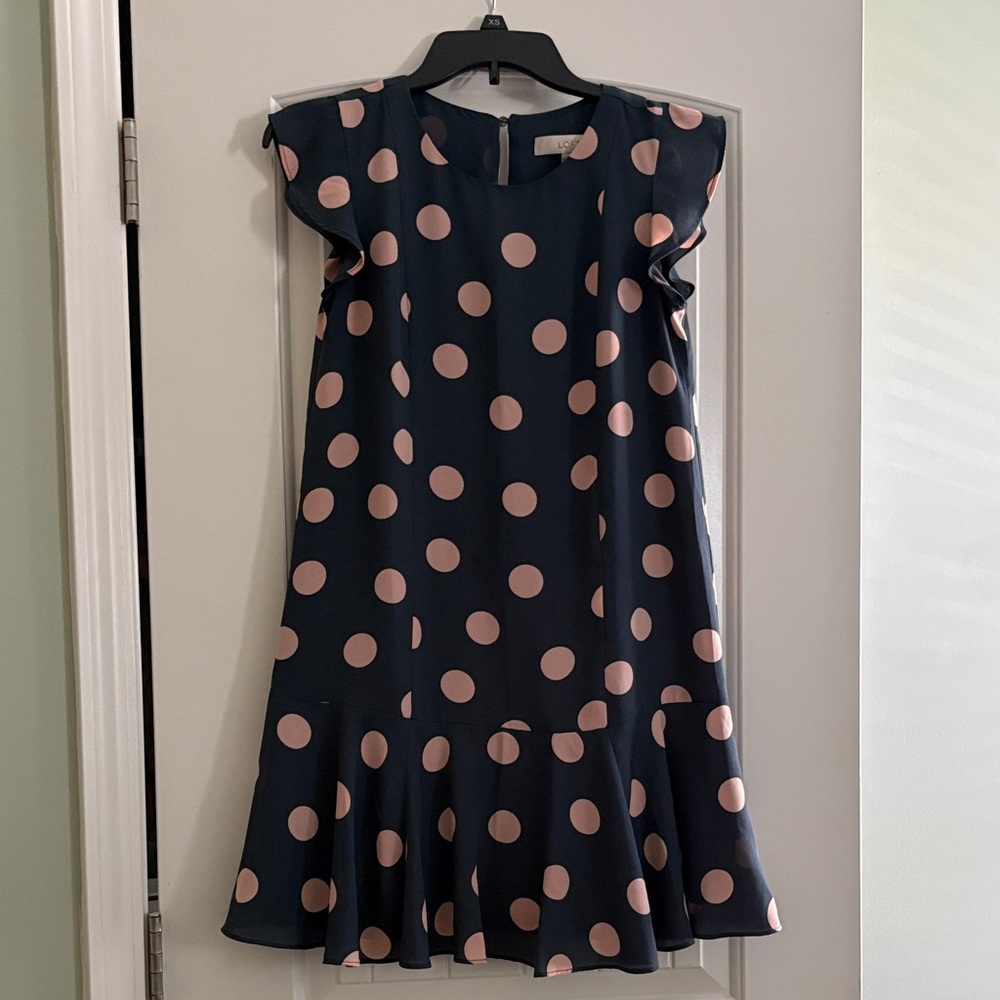 Loft Navy Blue Dress with Pink Polka Dots
